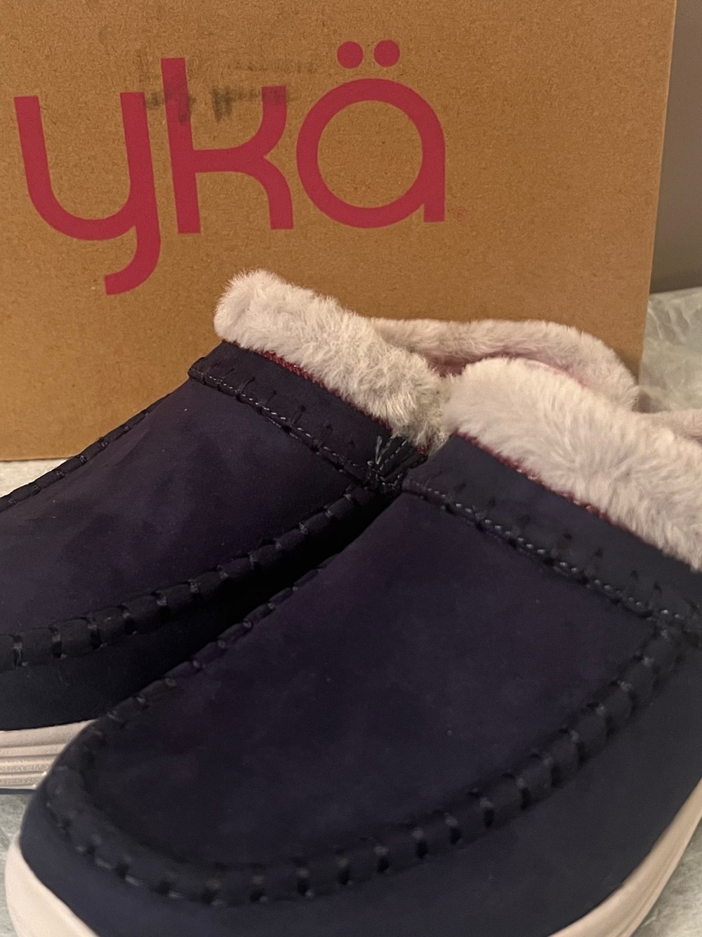 Ryka Navy Slip-On Faux-Fur Lined Mule with Pink Insole